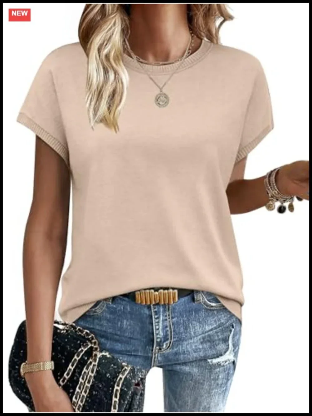 Women's Short Sleeve Knit Sweater Crew Neck Lightweight Pullover Top